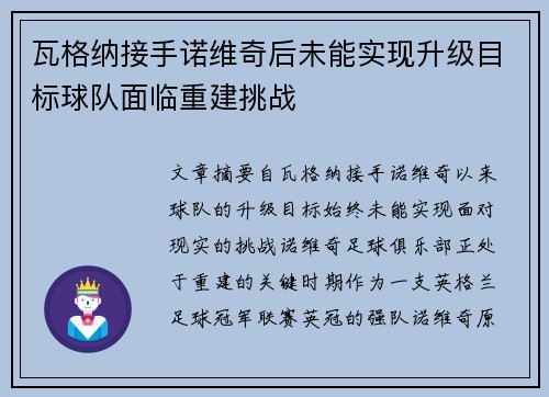 瓦格纳接手诺维奇后未能实现升级目标球队面临重建挑战